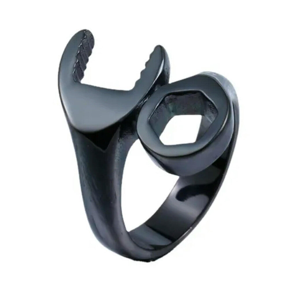 Biker Style Men's Ring with Wrench Design in Stainless Steel, Size 7-14, Black Finish, Durable Fashion Accessory