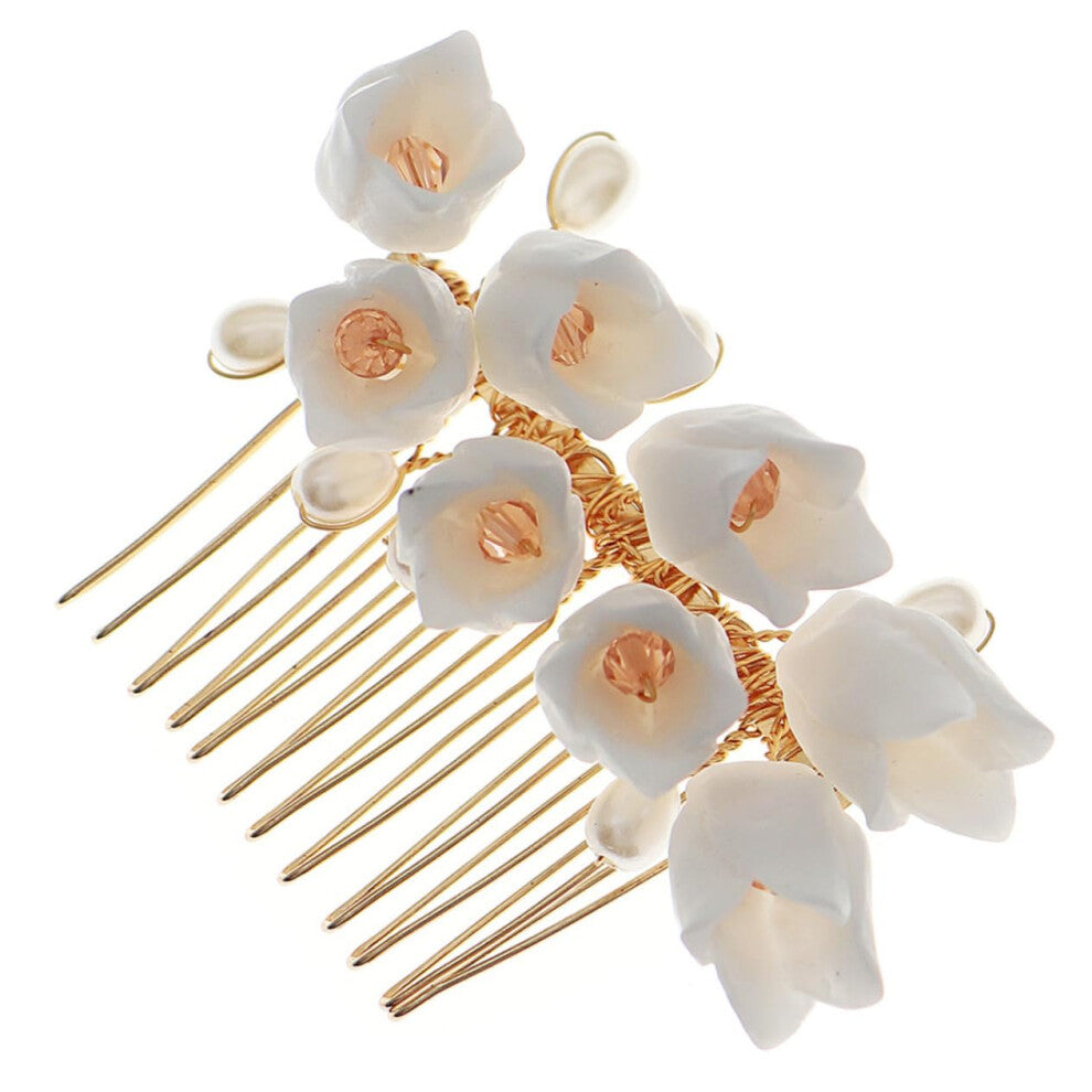 Flower Comb Hair Attachment for Bridesmaids - Wedding Hair Accessories with Pearl and Resin Flowers, Tiara Style