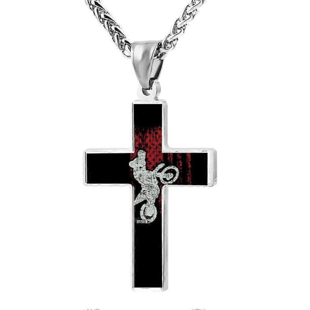 Collier Elelab Cool Motocross Biker Croix Américaine Pendentif en Alliage de Zinc Accessoires Créatifs Prière Chrétienne 24 Pouces