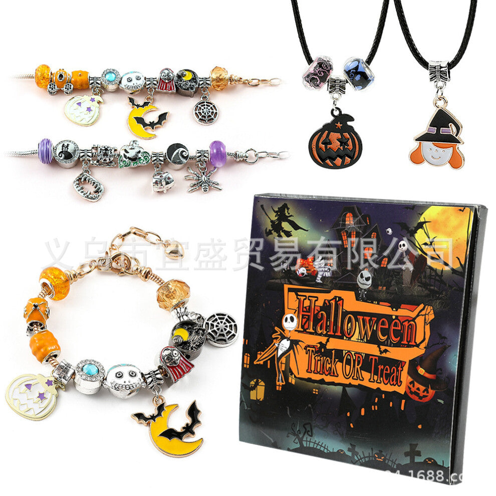 (Halloween Alloy Bracelet Blind Box) Halloween Bracelet Blind Box DIY Large Hole Bead Bracelet Necklace Gift Set with Blister Packaging for Children