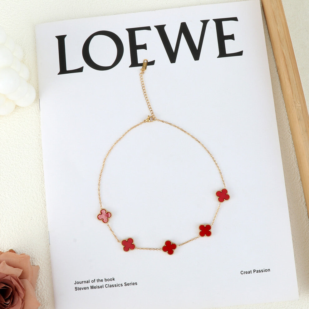 (Red collarbone) 18K gold-plated stainless steel collarbone necklace, geometric pendant necklace, light luxury collarbone chain