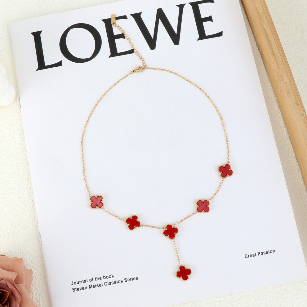 (Red collarbone pendant) 18K gold-plated stainless steel collarbone necklace, geometric pendant necklace, light luxury collarbone chain