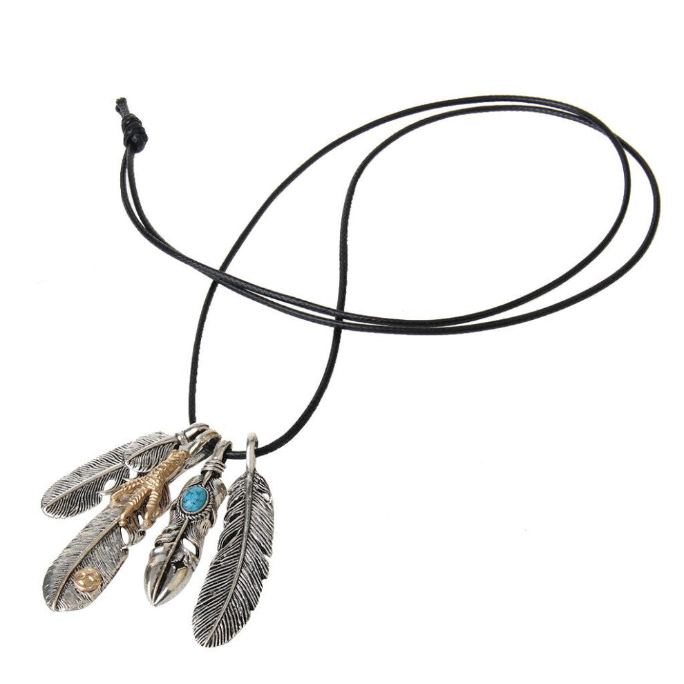 Vintage Eagle Claw Feather Shape Charms Pendant Wax Cord Necklace