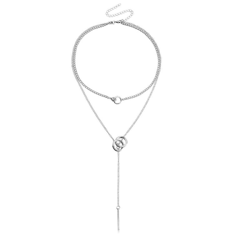 (ZW2483 White K) Double-loop collarbone chain tassel long stick pendant necklace sweater chain design sense necklace
