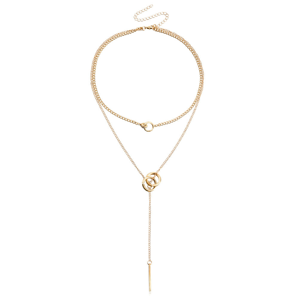 (ZW2483 gold) Double-loop collarbone chain tassel long stick pendant necklace sweater chain design sense necklace