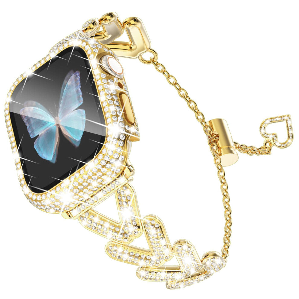 Gold Band and Case for Apple Watch 41mm Series 9 8 7 for Women, Luxury Rhinestone Metal Bracelet with Diamond Screen Protector