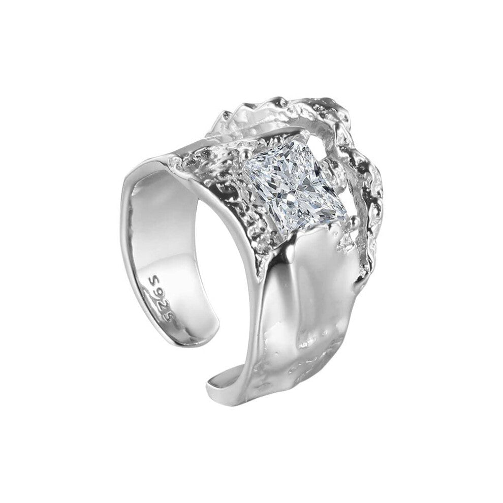 Women's 925 Sterling Silver Adjustable Ring with Square Zircon and Hammer Pattern, Elegant Dress or Engagement Ring