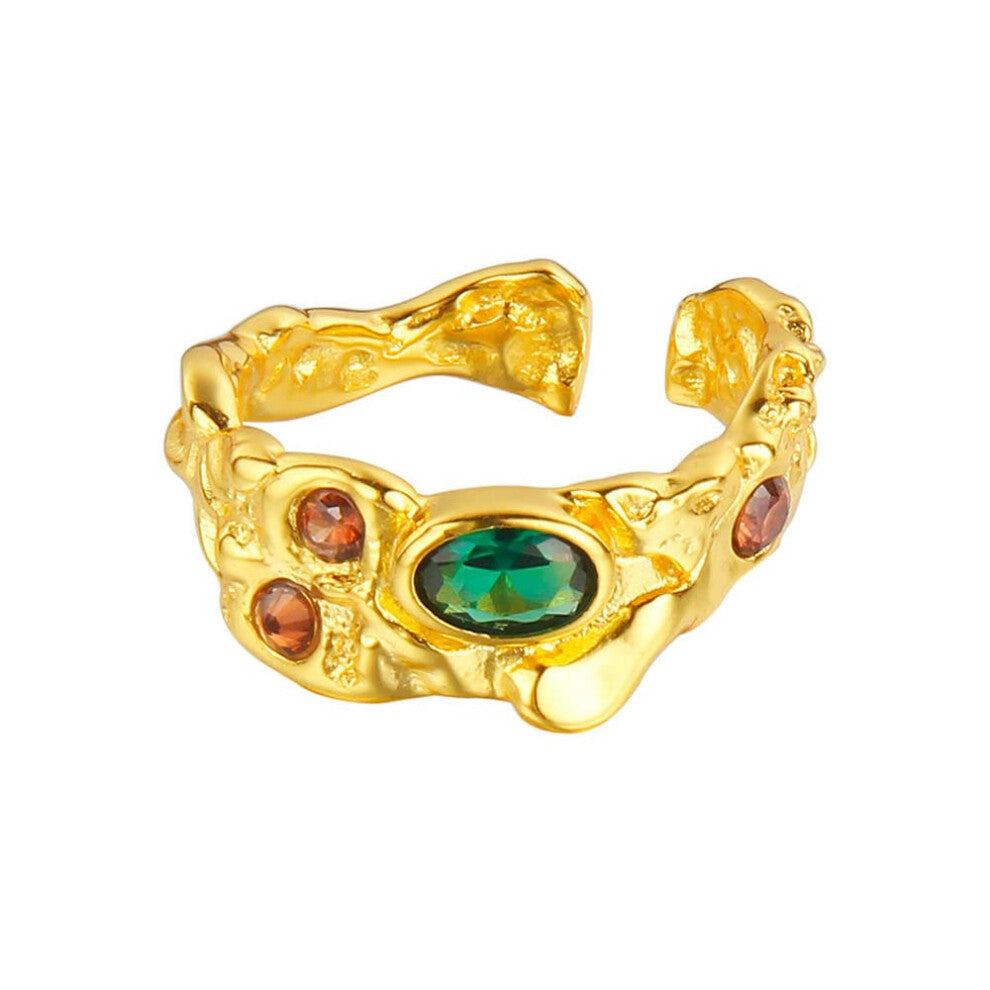 Women's 925 Silver Ring Adjustable Eternity Ring with Green Zircon, Irregular Hand Forged Design, Gold-Plated Engagement Ring