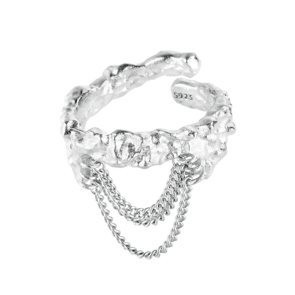 925 Sterling Silver Adjustable Hammer Pattern Ring for Women and Men - Chain Design Engagement Gift Ring