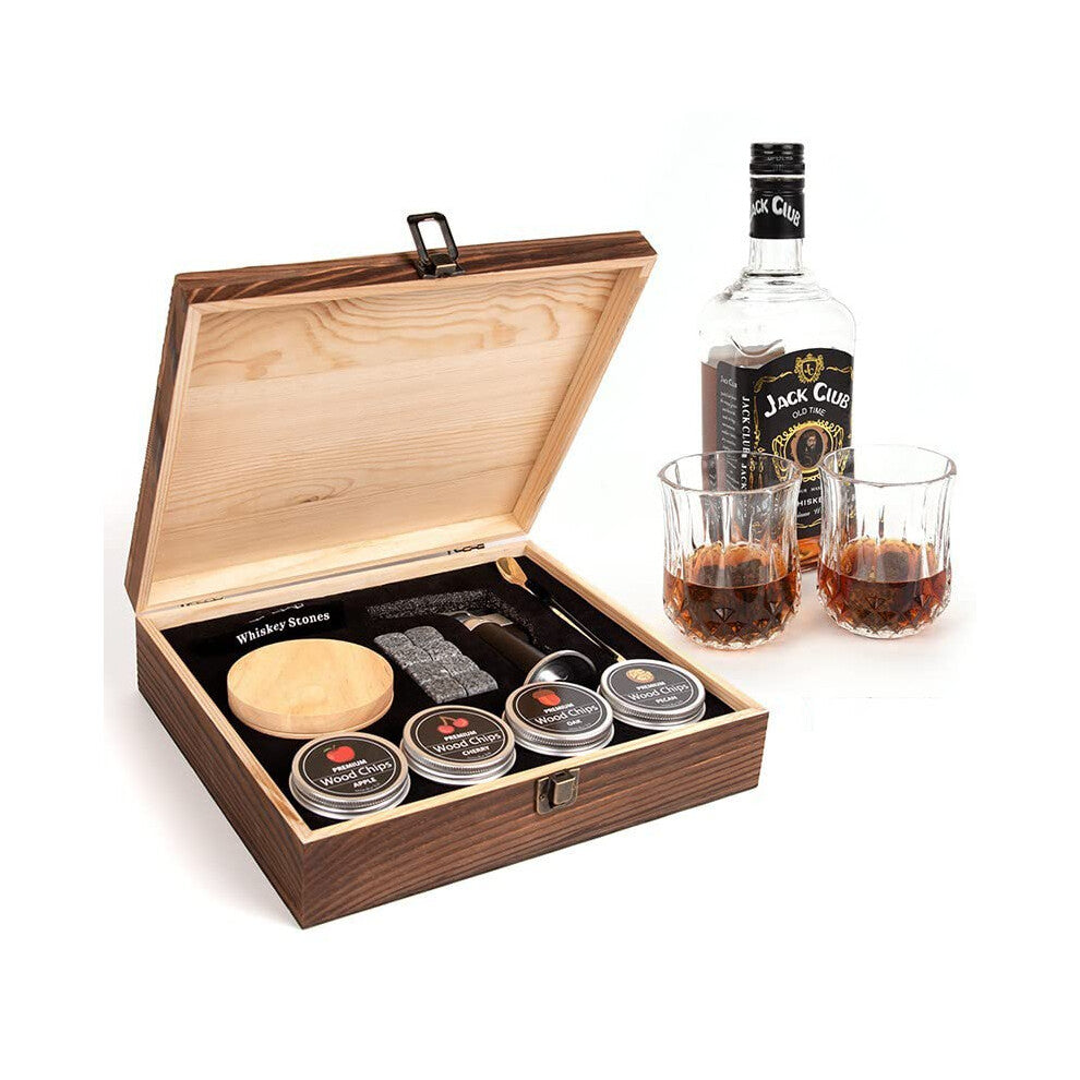 Whiskey Smoker Kit with Natural Wood Box and 4 Flavor Wood Chips, Bourbon Infuser Set for Old Fashioned Cocktails, Gifts for Men