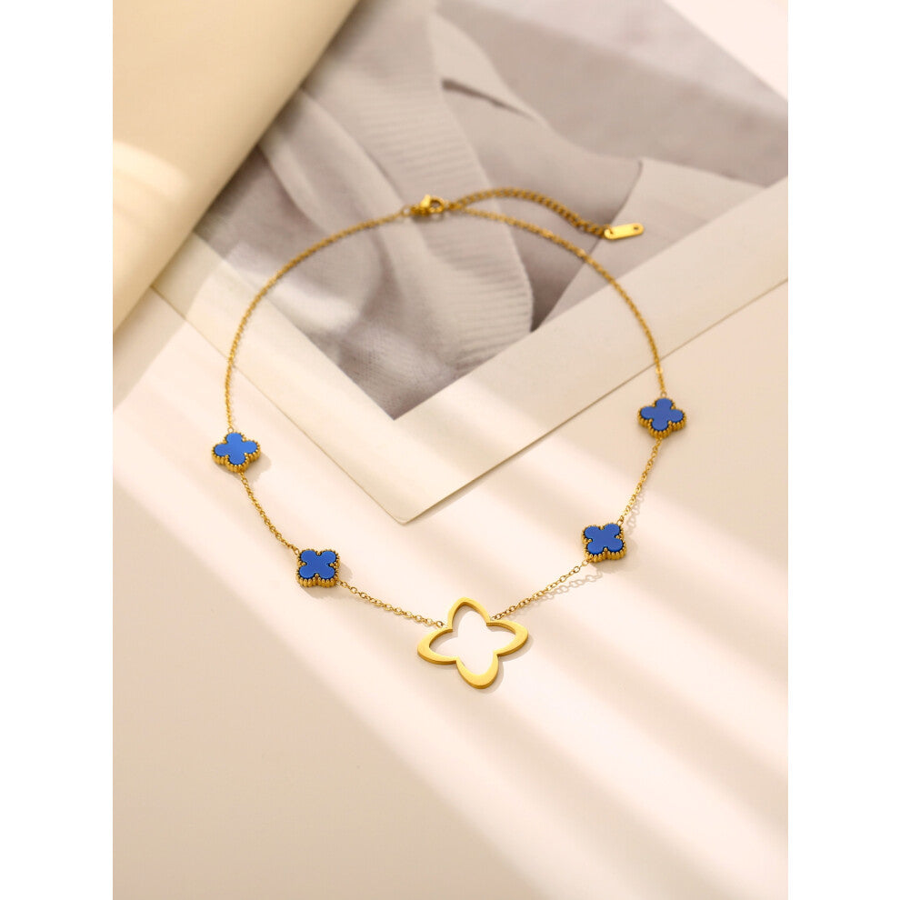 (Sapphire blue) Four-leaf clover necklace for women, 18K collarbone chain