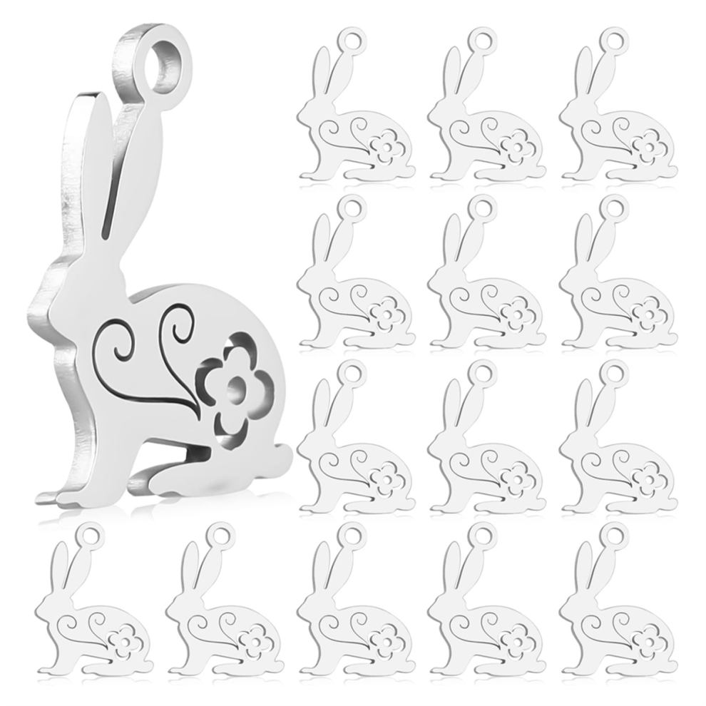 20PCS Stainless Steel Charms, Easter Bunny Pendants,Silver