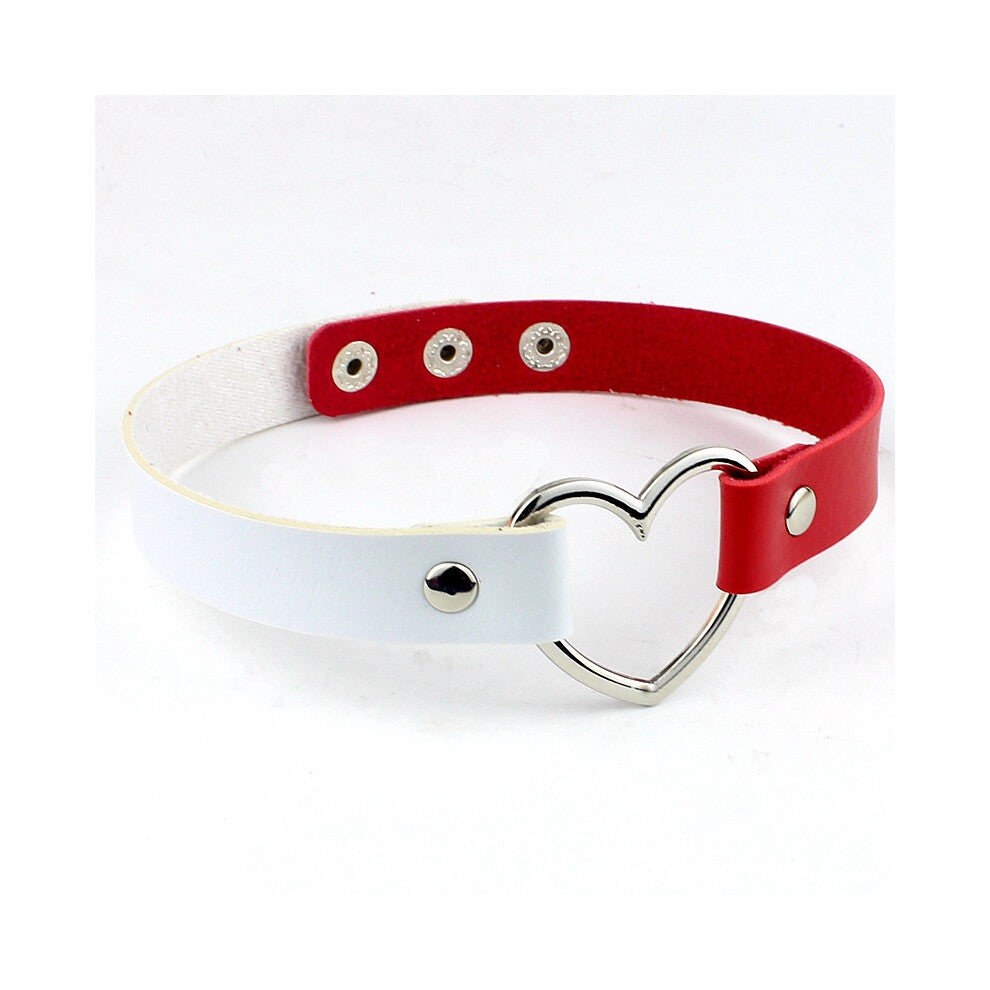 (Three buttons + white and red) Black PU leather peach heart heart-shaped necklace, women's neck strap, collarbone necklace, short style