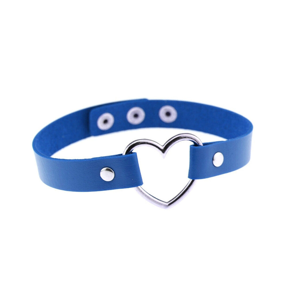 (Three buttons + royal blue) Black PU leather peach heart heart-shaped necklace, women's neck strap, collarbone necklace, short style