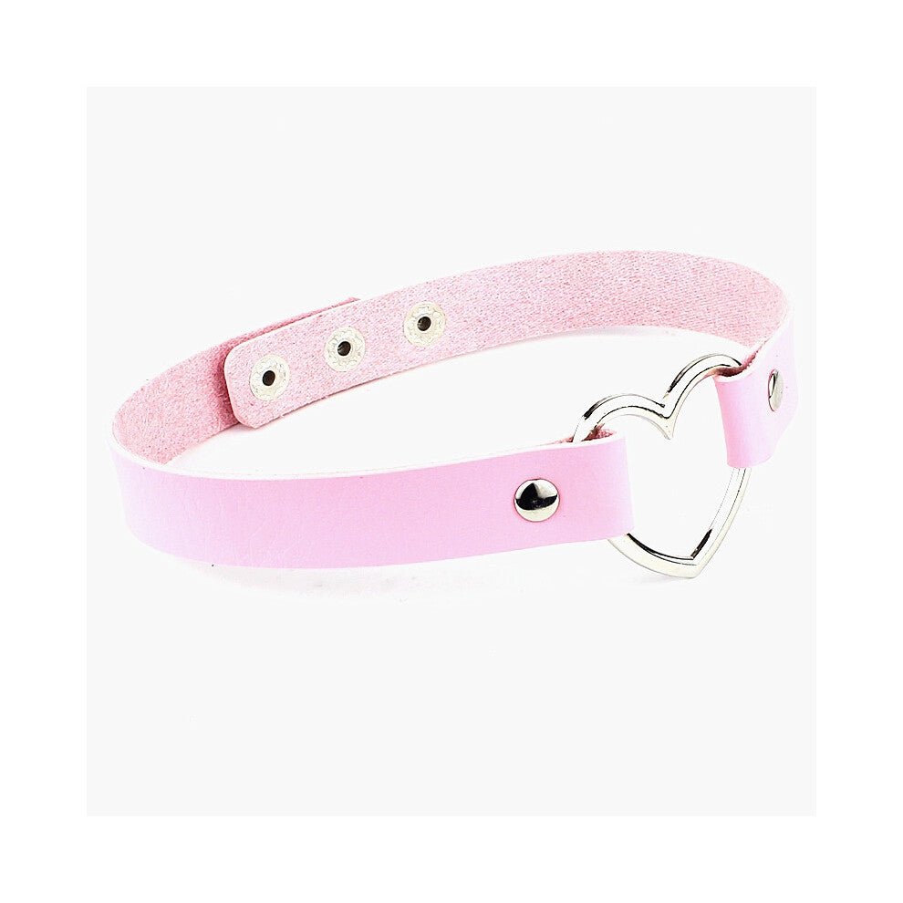 (Three buttons + pink) Black PU leather peach heart heart-shaped necklace, women's neck strap, collarbone necklace, short style