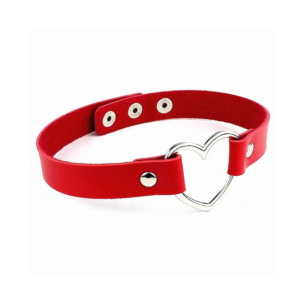 (Three buttons + red) Black PU leather peach heart heart-shaped necklace, women's neck strap, collarbone necklace, short style