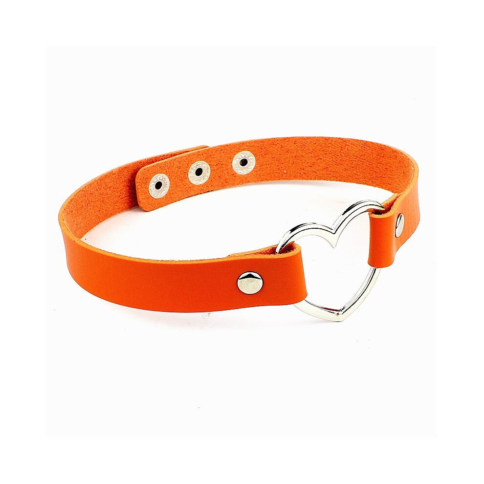 (Three buttons + orange) Black PU leather peach heart heart-shaped necklace, women's neck strap, collarbone necklace, short style