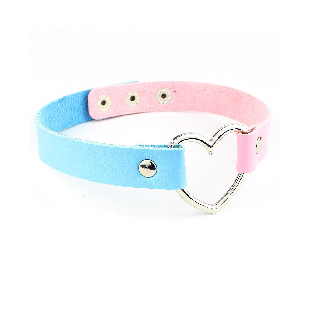 (Three buttons + blue pink) Black PU leather peach heart heart-shaped necklace, women's neck strap, collarbone necklace, short style