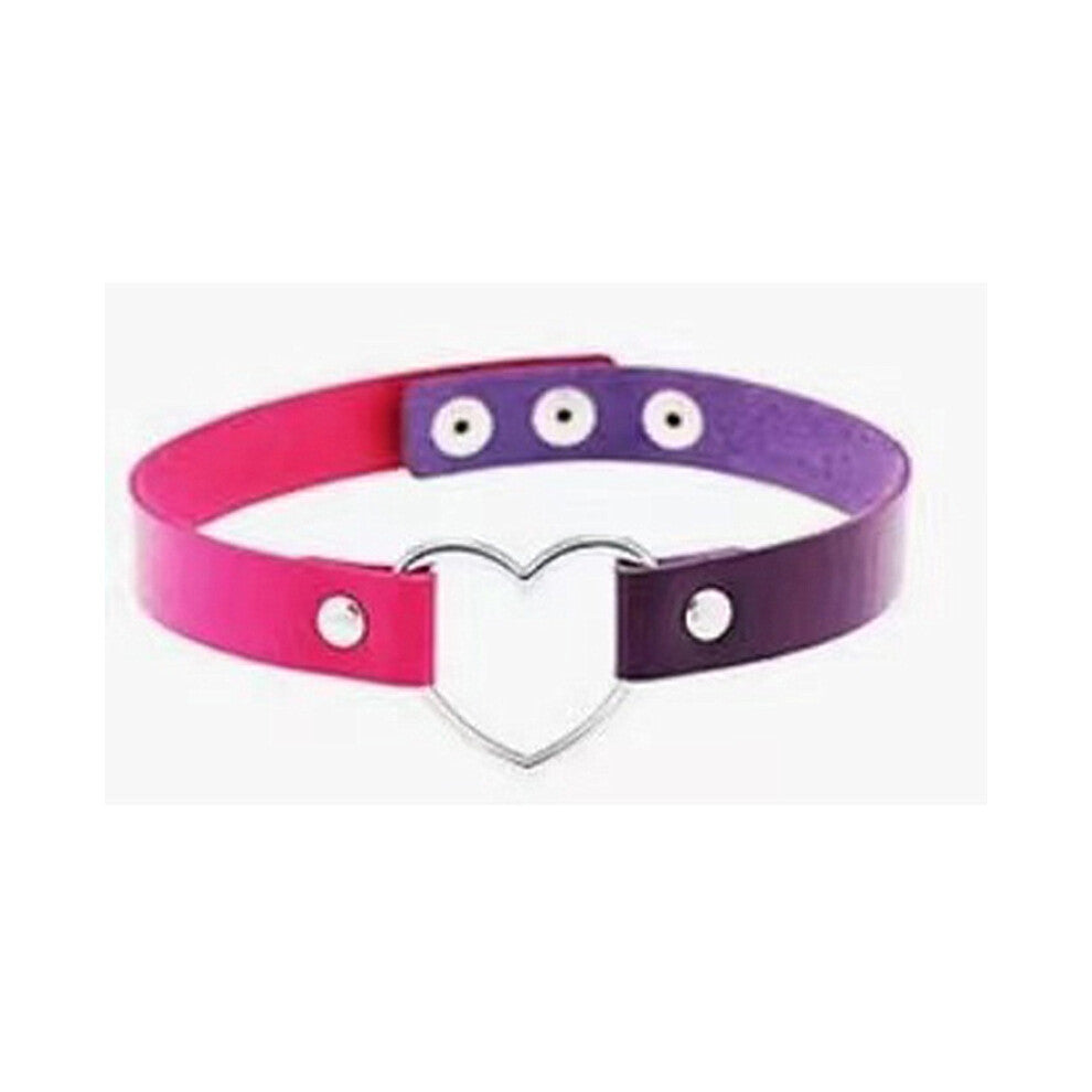 (Three buttons + rose red and purple) Black PU leather peach heart heart-shaped necklace, women's neck strap, collarbone necklace, short style