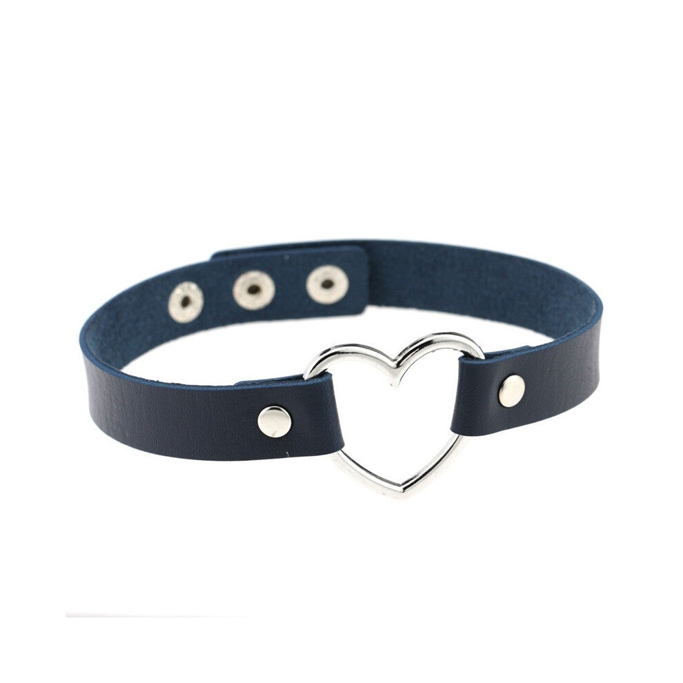 (Three buttons + dark blue) Black PU leather peach heart heart-shaped necklace, women's neck strap, collarbone necklace, short style