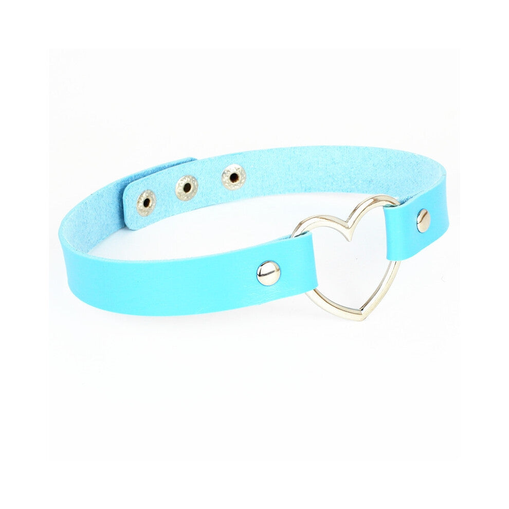 (Three buttons + sky blue) Black PU leather peach heart heart-shaped necklace, women's neck strap, collarbone necklace, short style