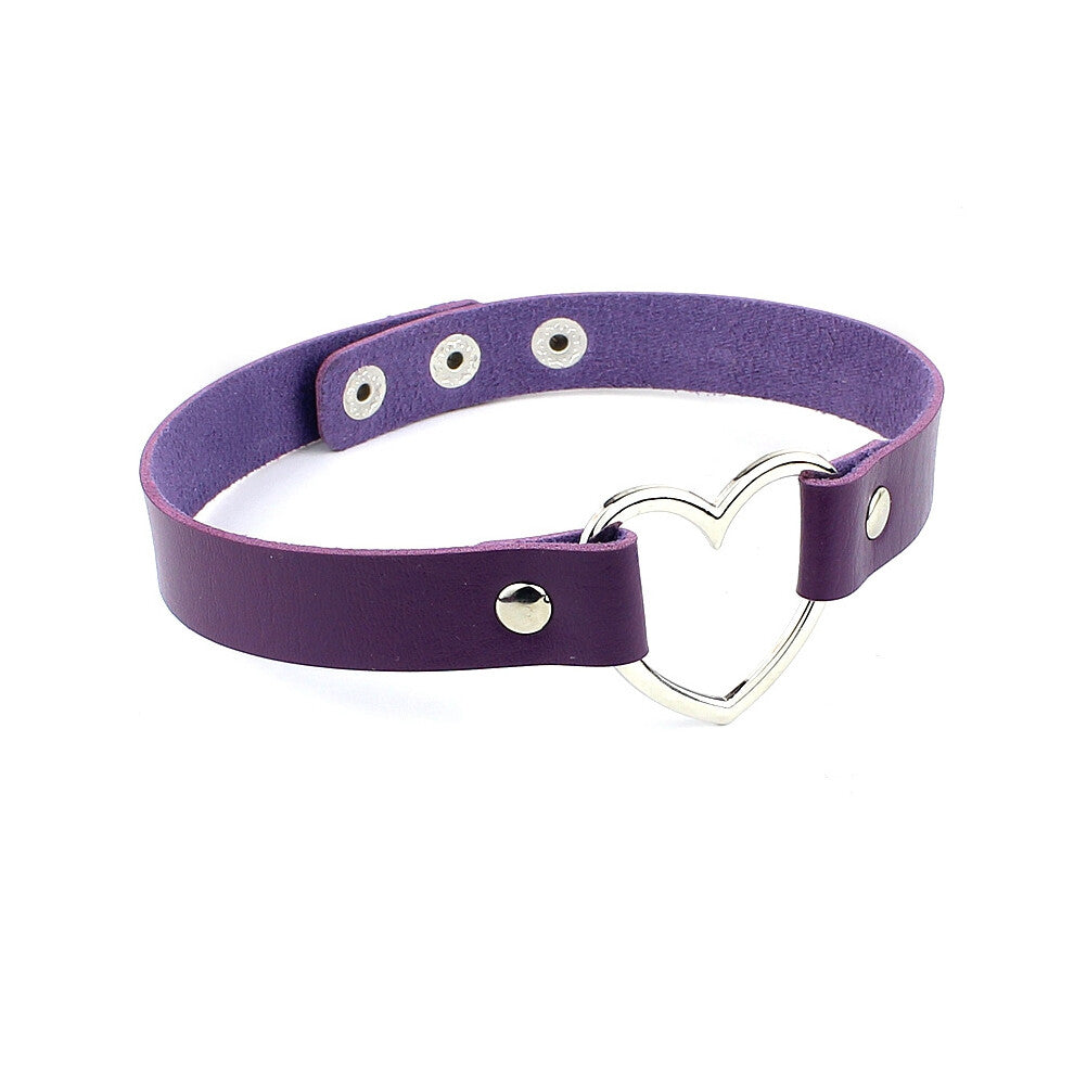 (Three buttons + purple) Black PU leather peach heart heart-shaped necklace, women's neck strap, collarbone necklace, short style