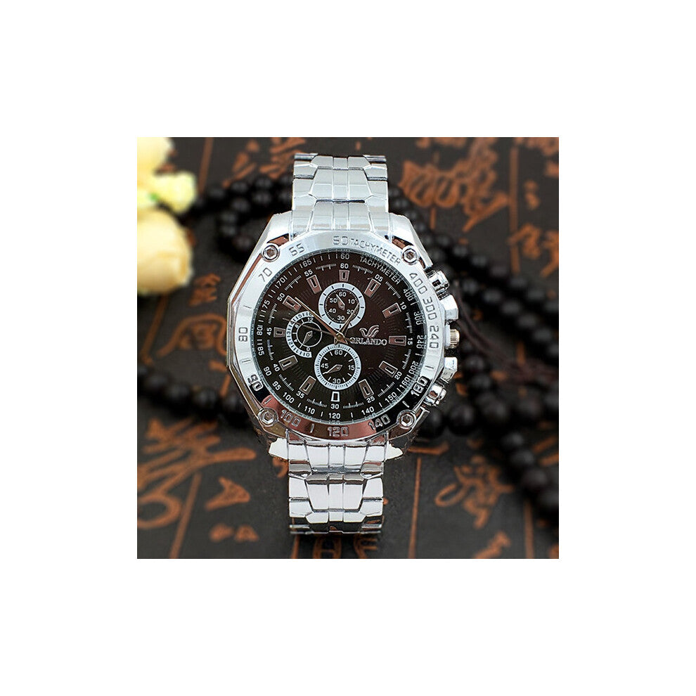 (Silver Black) Six Three Eyes Pin Steel Strip Wrist Watch Man Watch Decoration Quartz Watches