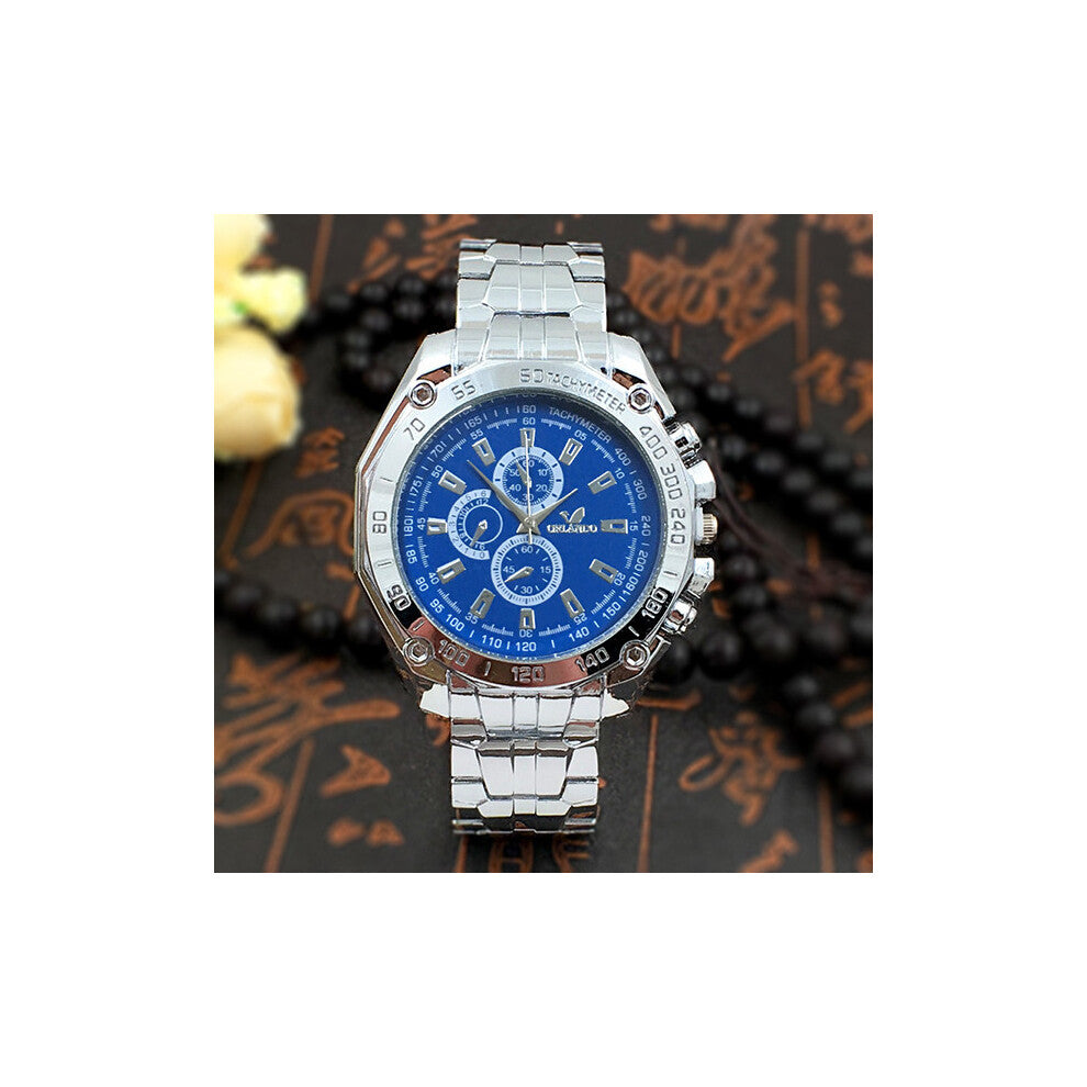 (Silver Blue) Six Three Eyes Pin Steel Strip Wrist Watch Man Watch Decoration Quartz Watches