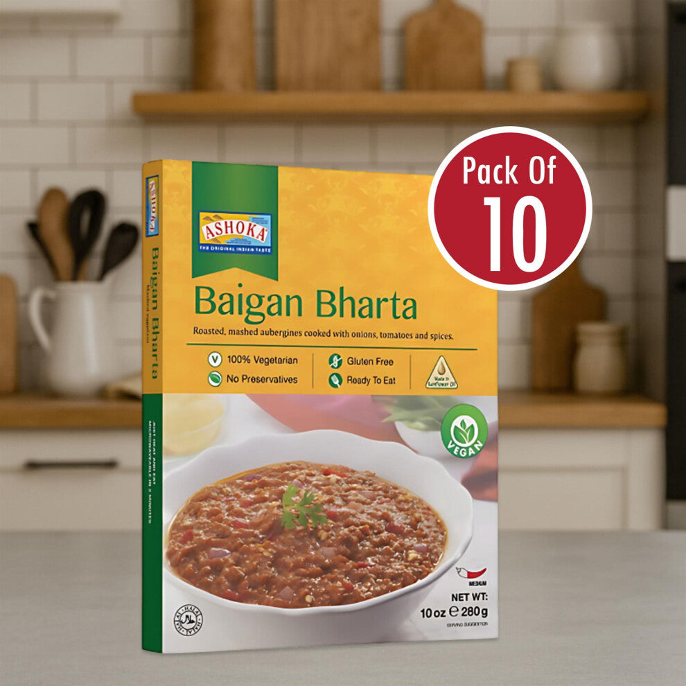 Ashoka Ready Meals Baingan Bharta 280g (Pack of 10) – Traditional Indian Smoked Eggplant Curry
