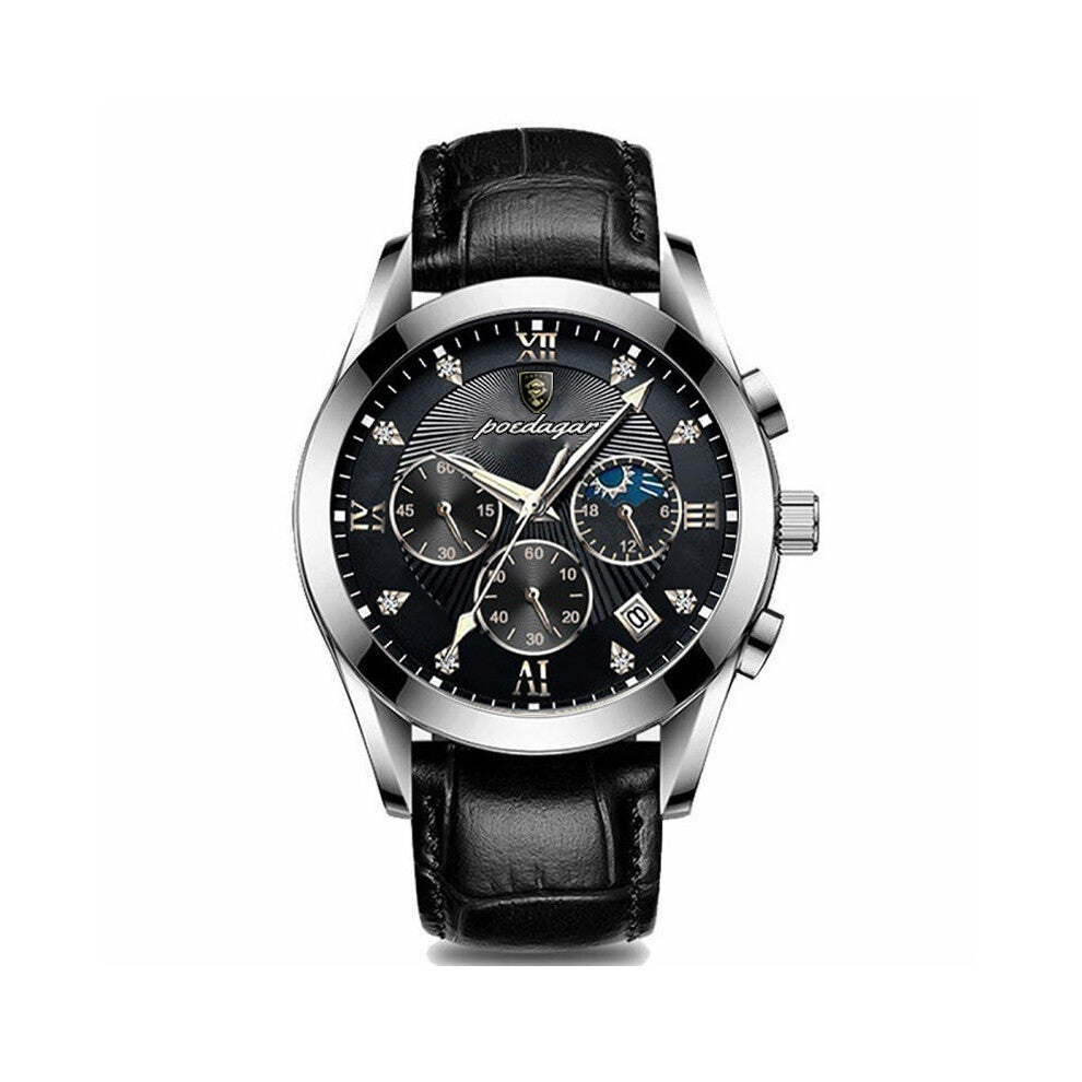 (820 Leather strap, silver case, black dial (Three-hand Calendar Model)) Luminous high-end men's watches, trendy and fashionable, business and elegant