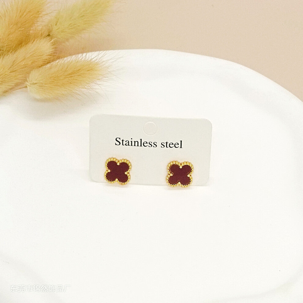 (Wine-red stud earrings) Lucky Five-flower Four-leaf Clover Set, jewelry bracelet, versatile and fashionable necklace, Stud earrings, Three-piece set