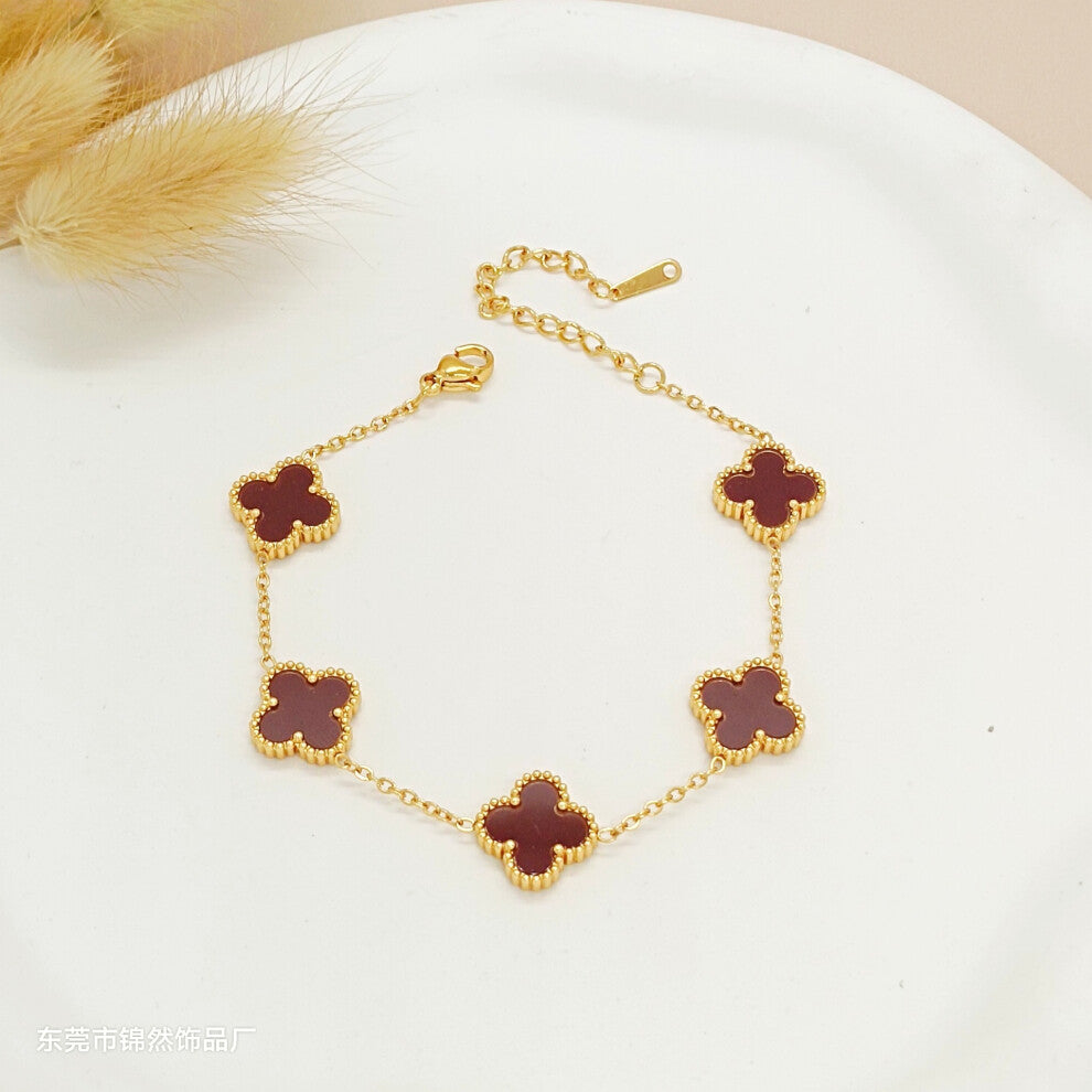 (Wine-red bracelet) Lucky Five-flower Four-leaf Clover Set, jewelry bracelet, versatile and fashionable necklace, Stud earrings, Three-piece set
