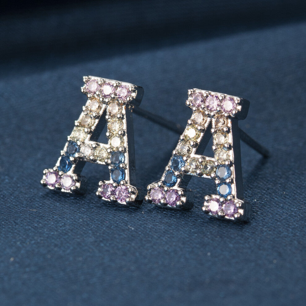 (ZirconA) Copper Stylish Zirconia Alphabet Earrings Charming Initial Studs Modern Women For