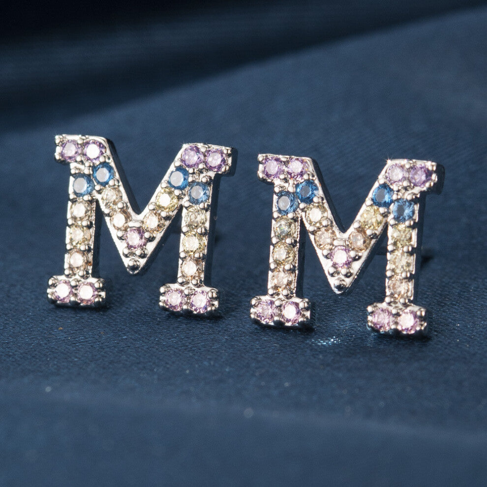 (ZirconM) Copper Stylish Zirconia Alphabet Earrings Charming Initial Studs Modern Women For