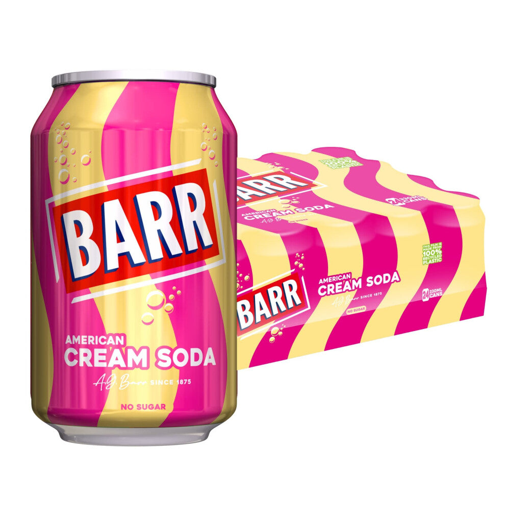 BARR since 1875 24 Pack American Cream Soda Zero No Sugar Sparkling Soft Drink with a Creamy Taste of American Cream Soda Fizzingly Fun  24 x 330ml C