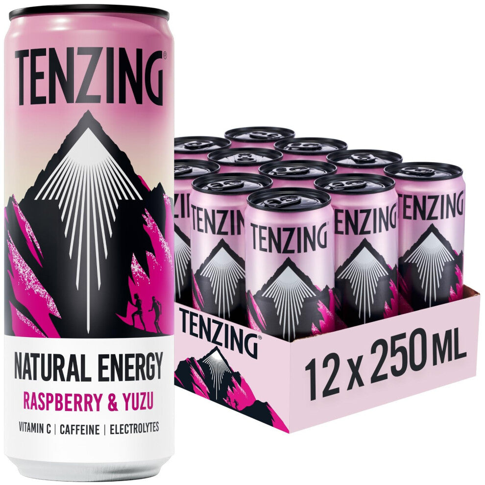 TENZING Natural Energy Drink Plant Based Vegan  Gluten Free Drink Raspberry  Yuzu 250ml Pack of 12  Packaging may vary