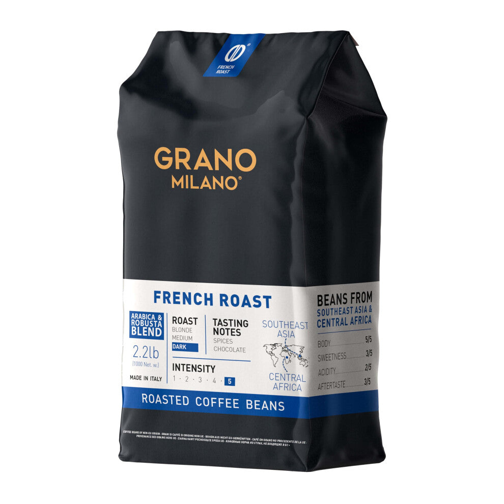 Grano Milano Robusta Coffee Beans 1kg French Roast Robusta Blend Dark Roast Intensity 55 Extra Strong Coffee Made in Italy
