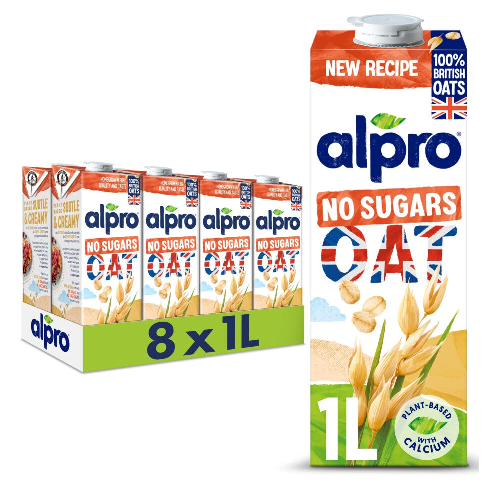 Alpro Oat No Sugars PlantBased Long Life Drink  100 British Oats  Unsweetened  Vegan Dairy Free  Lactose Free Milk Alternative  1L Pack of 8
