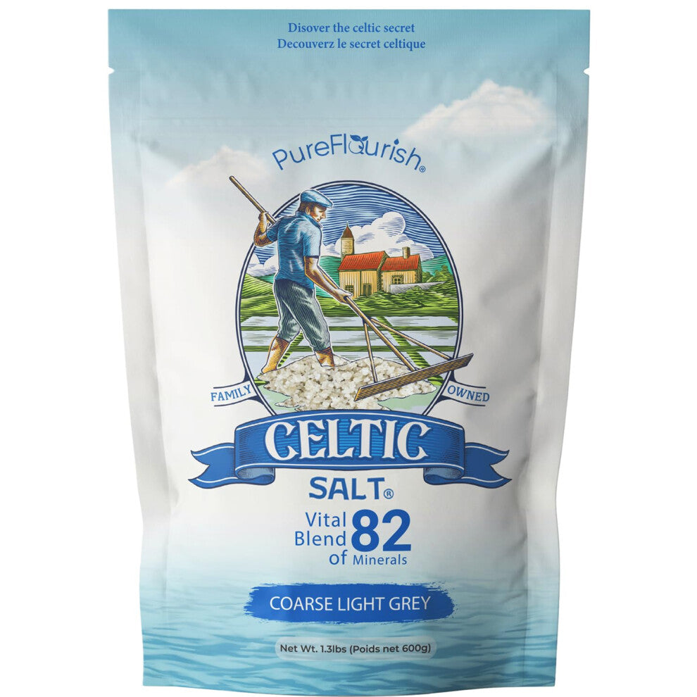 Pure Flourish Celtic Salt  600g  100 Organic Unrefined Celtic Salt  Rich in 82 Essential Minerals  Hand Harvested Light Grey Celtic Salt Crystals fro