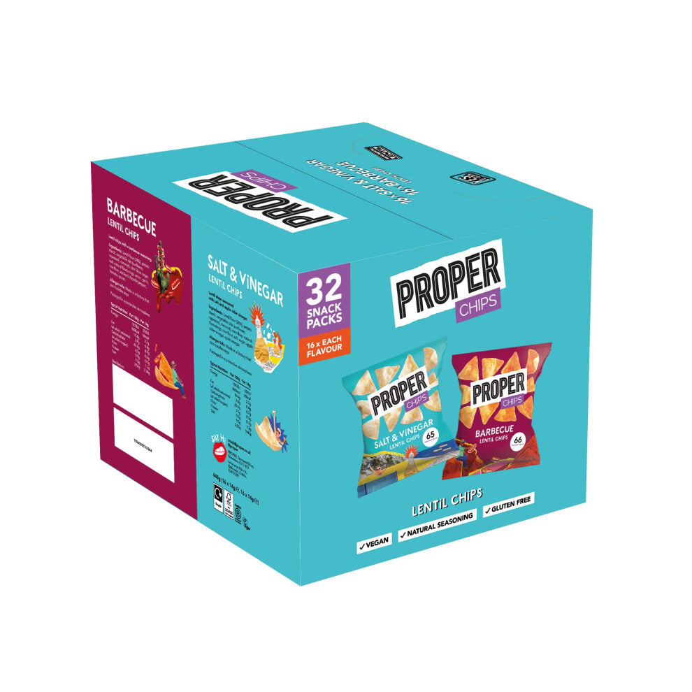 PROPER  Multipack Box Barbecue and Salt  Vinegar Lentil Chips Vegan Gluten Free Snacks 14g 32 Packs 16 bags of each flavour