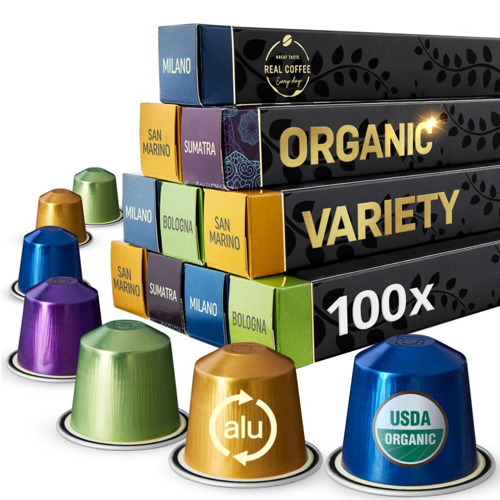 Real Coffee Organic Variety Pack  4 Different Varieties  100 Nespresso Compatible Aluminium Pods  Explorer Pack