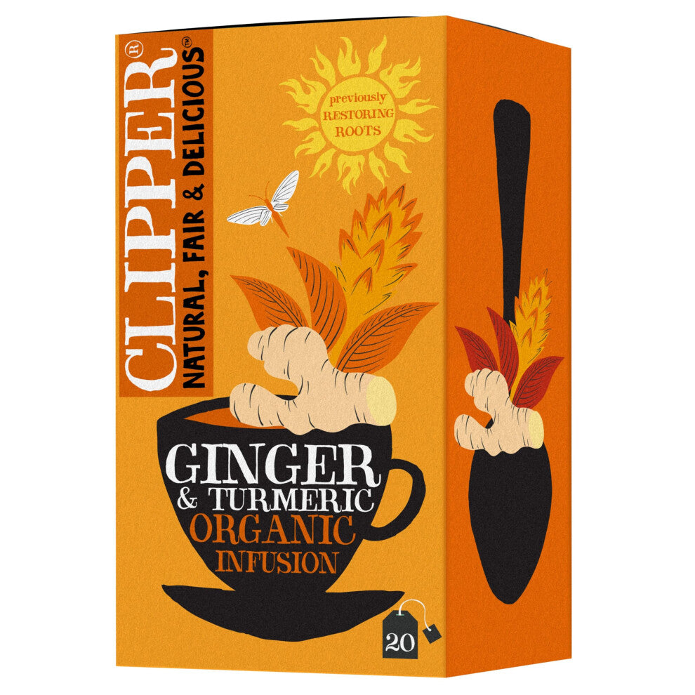 Clipper Organic Restoring Roots Ginger  Turmeric Tea Bags  20 Tea Infusions in Envelopes  Caffeine Free Teabags  Fairtrade Herbal Tea Bags  Natural U