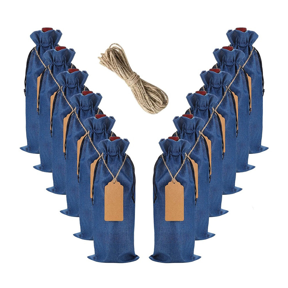 Reusable Burlap Wine Bag,12 Pcs Bottle Gift Bags with Drawstring,for Gift,Christmas,Wedding,Birthday,Party(Blue)