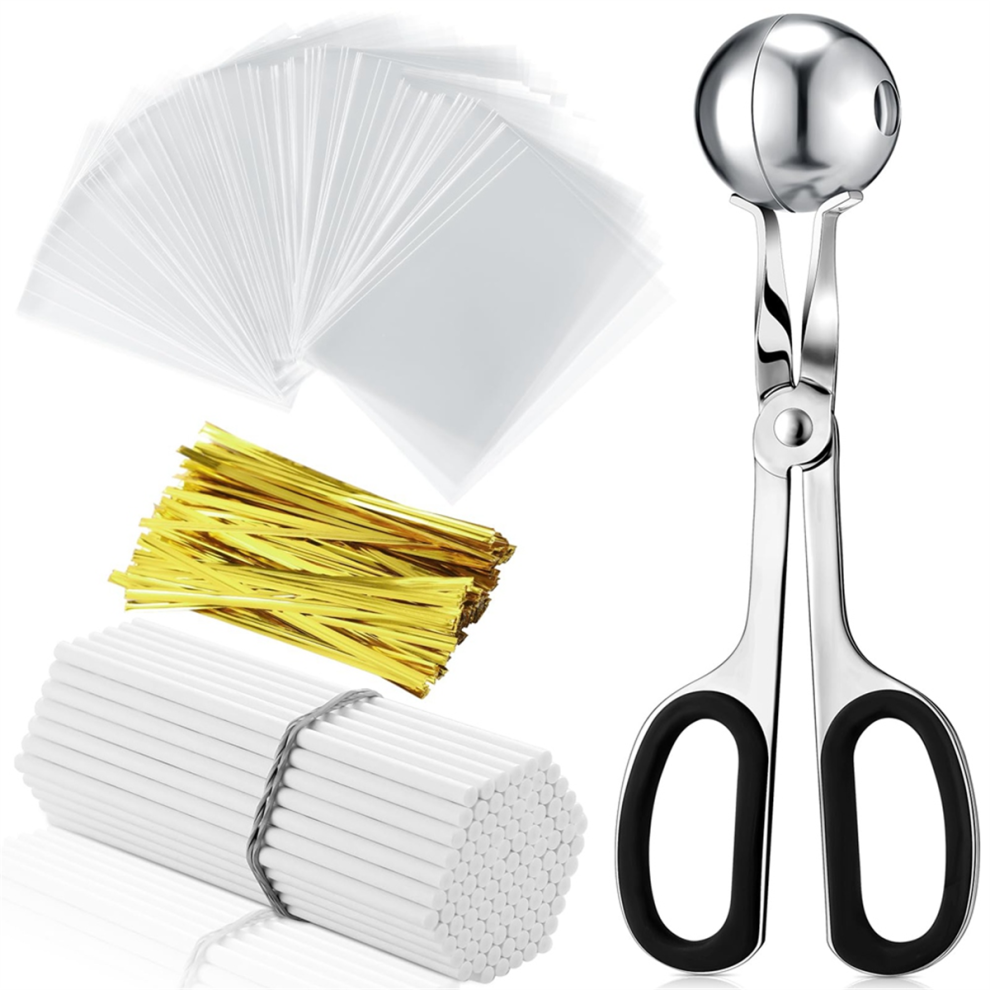 Lollipop Cake Stick Treat Bag Set Include 100 Bags Sticks Metallic Ties Meat Baller with Handles