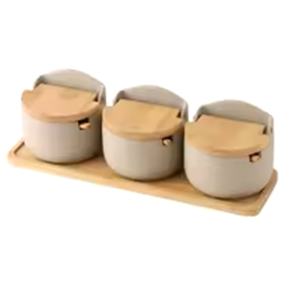 Japanese Style Clay Seasoning Jar Bamboo Lid Spice with Spoon Kitchen Sugar Salt Spices Storage Box Container 3Pcs Set