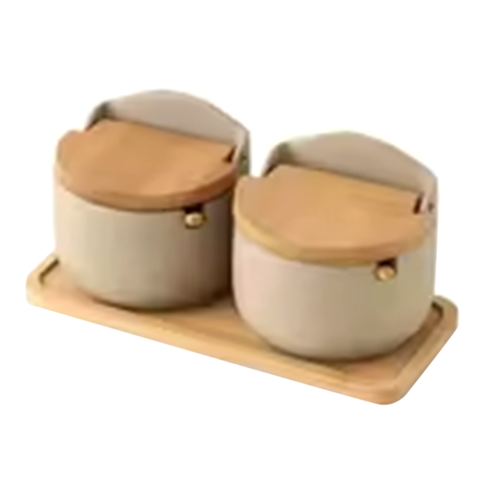 Japanese Style Clay Seasoning Jar Bamboo Lid Spice with Spoon Kitchen Sugar Salt Spices Storage Box Container 2Pcs Set