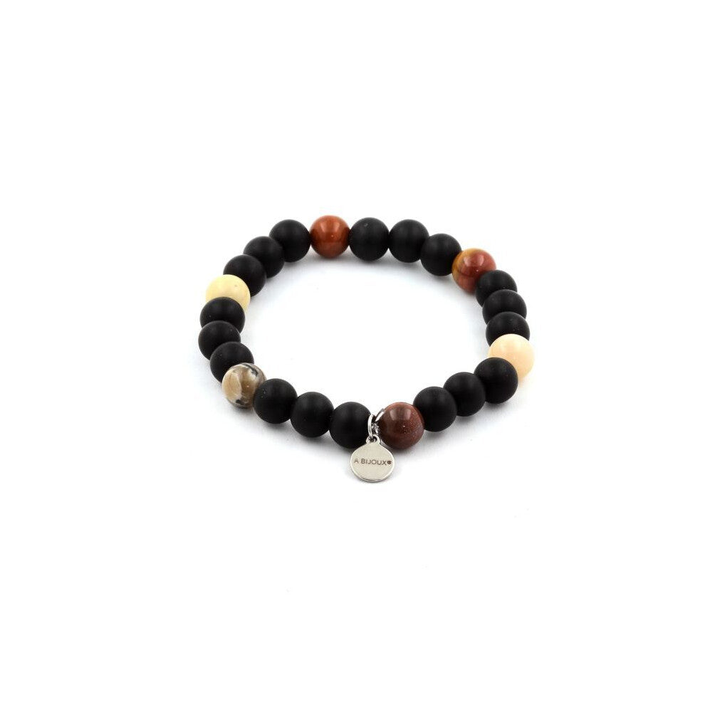 Stones and Minerals. Bracelet Petrified wood beads + matte black onyx 8 mm. Made in France.