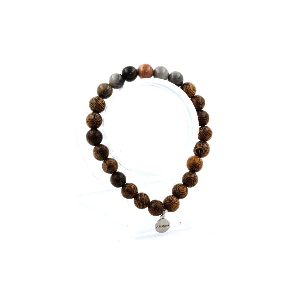 Stones and Minerals. Bracelet Petrified wood beads + wood 8 mm. Made in France.