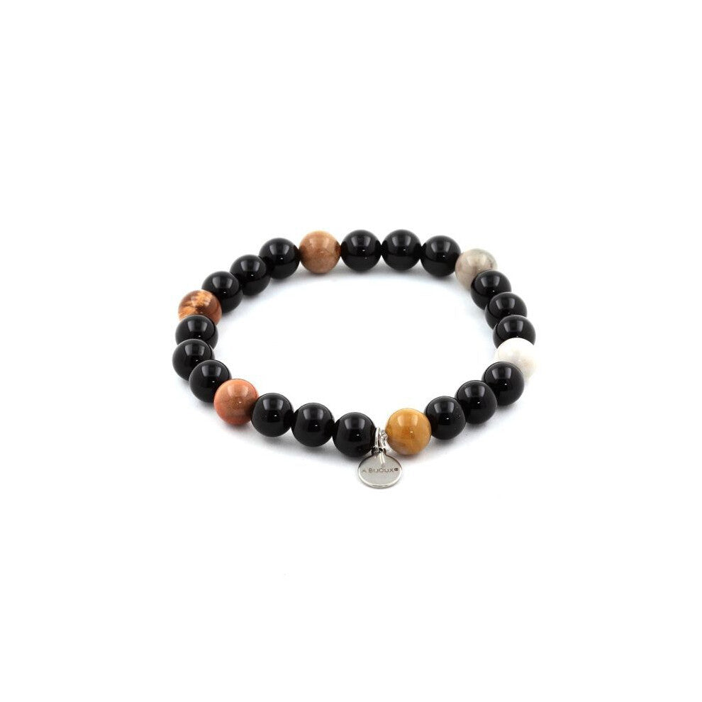 Stones and Minerals. Bracelet Petrified wood beads + black agate 8 mm. Made in France.