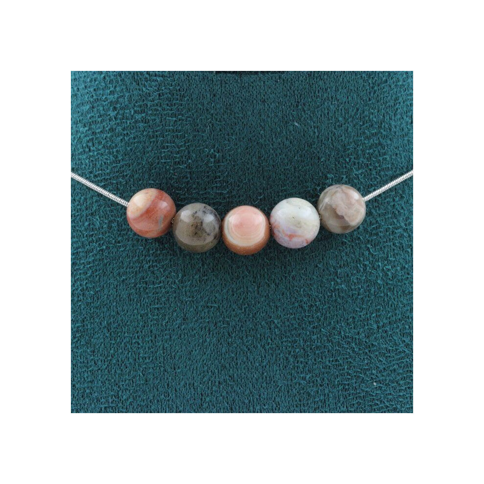 Stones and Minerals. Necklace 5 beads Petrified wood 8 mm. Stainless steel chain Necklace for women, men. Customizable size.